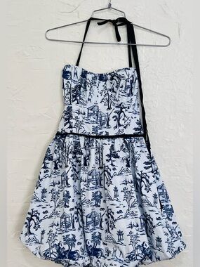 Blue White Toile Halter Bubble Hem Mini Dress Juniors L Women’s S Coquette